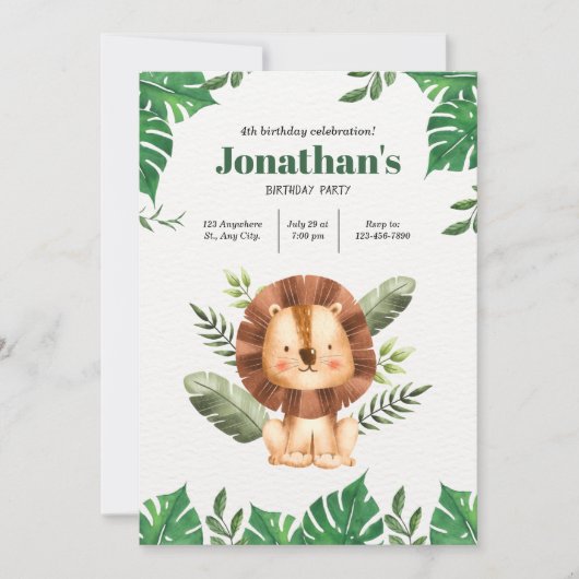 レオン動物園パーティー：動物のミニマル誕生日 招待状 (正面)