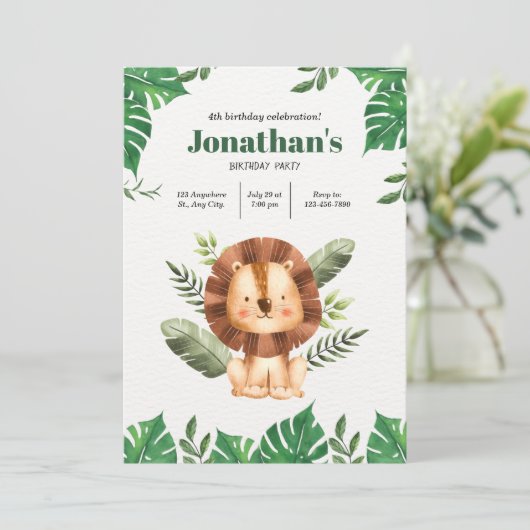 レオン動物園パーティー：動物のミニマル誕生日 招待状 (スタンド正面)