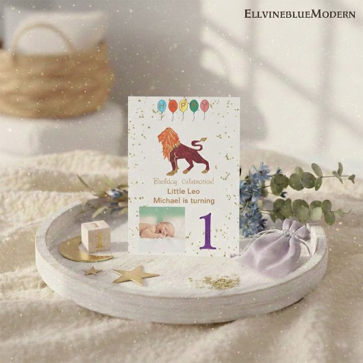 レオ初の誕生日金ゴールド、バルーン&写真 招待状