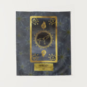 レオ暗い〔占星術の〕十二宮図星占い：黒い金ゴールド名 タペストリー (正面)