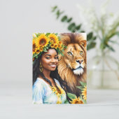 レオ黒人女性ひまわりの花とライオン ポストカード (スタンド正面)