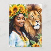 レオ黒人女性ひまわりの花とライオン ポストカード (正面)