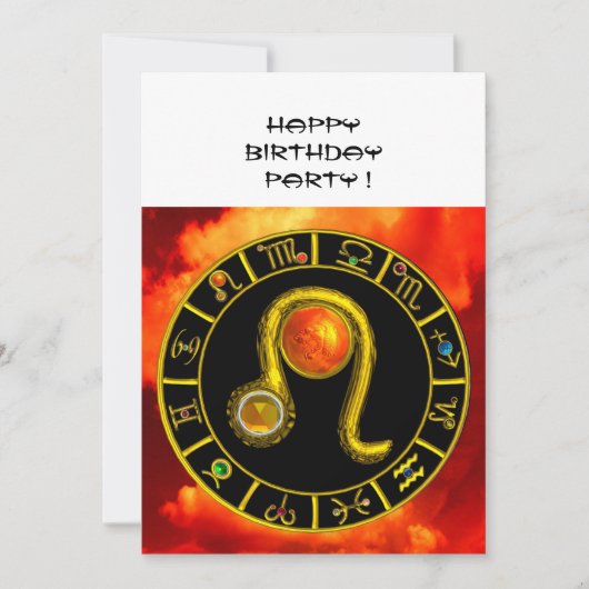 レオ、トパーズジェム、ゾディアカルシンボルや象徴、〔占星術の〕十二宮図誕生日パーティー 招待状 (正面)