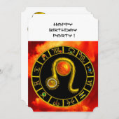 レオ、トパーズジェム、ゾディアカルシンボルや象徴、〔占星術の〕十二宮図誕生日パーティー 招待状 (正面/裏面)