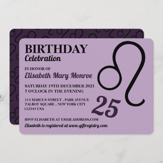 レオ，ライオン，〔占星術の〕十二宮図星印，誕生日 招待状 (正面/裏面)