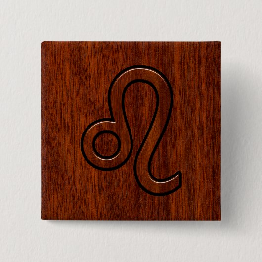 レオ〔占星術の〕十二宮図サインインブラウンマホガニーウッドスタイル 缶バッジ (正面)