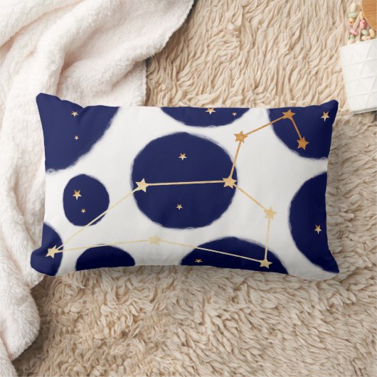 レオ〔占星術の〕十二宮図ネイビー水玉模様&金ゴールドデザイン ランバークッション (ブランケット)