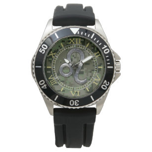 レオ〔占星術の〕十二宮図モダンサインオングリーンデジタル迷彩柄ダイヤル 腕時計