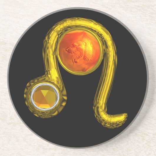 レオ〔占星術の〕十二宮図誕生日ジュエルイエロートパス、金ゴールド、ブラック コースター (正面)