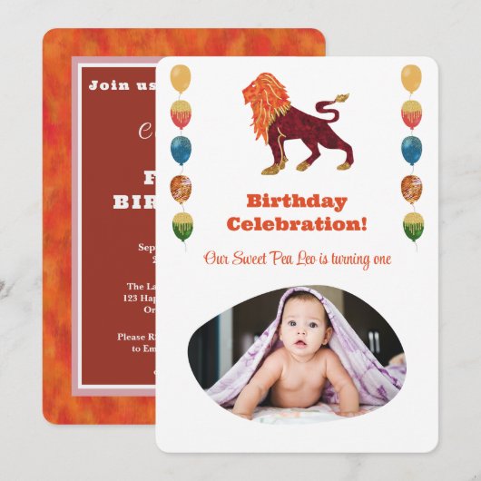 レオ 1歳の誕生日フォト インプレッショニスト ゴールド 招待状 (正面/裏面)