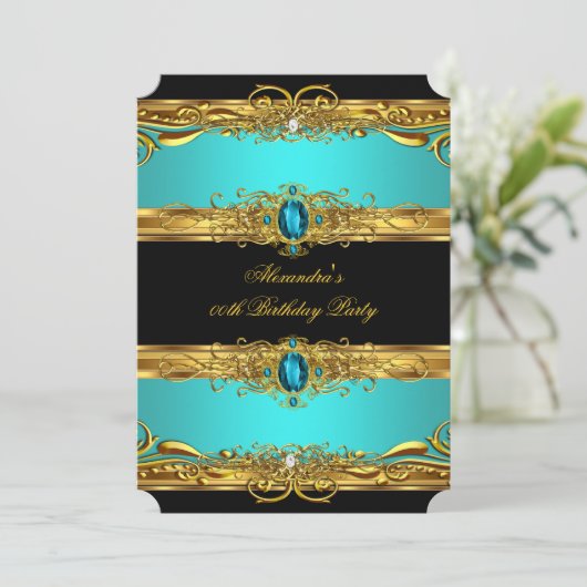レガエレガントルティール（緑がかった色）ブラック金ゴールド誕生日パーティー 招待状 (スタンド正面)