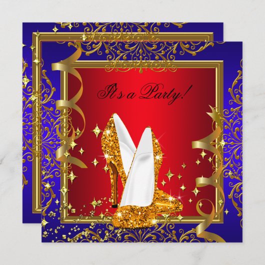 レガエレガントルレッド王室のブルー金ゴールドシューズパーティー 招待状 (正面/裏面)