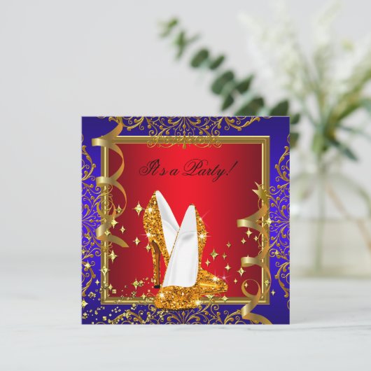 レガエレガントルレッド王室のブルー金ゴールドシューズパーティー 招待状 (スタンド正面)