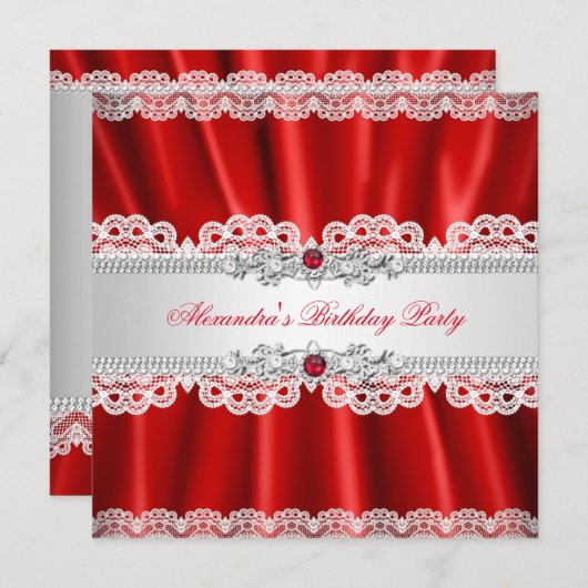 レガルレッドエレガントパールダイヤモンドレースパーティー 招待状 (正面/裏面)