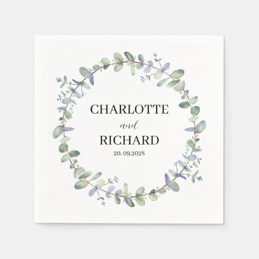 レガントユーカリパーソナライズされたリース結婚ズ スタンダードカクテルナプキン (正面)