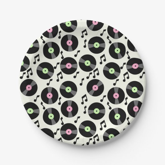レコードと音符のパターン ペーパープレート (正面)
