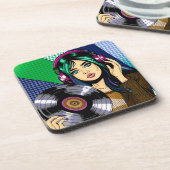 レコードを持つポップアートの少女 コースター (左側)