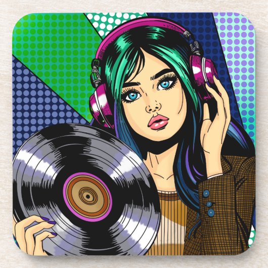 レコードを持つポップアートの少女 コースター (正面)