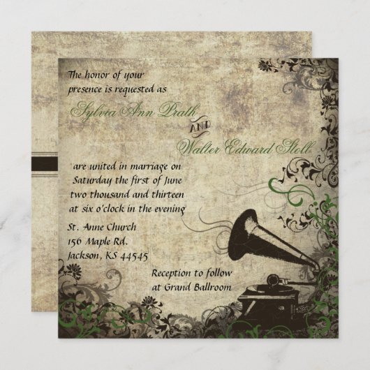 レコードプレーヤーのヴィンテージの結婚式招待状 招待状 (正面/裏面)