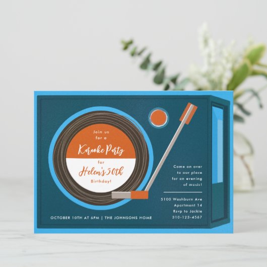 レコードプレーヤーの音楽の誕生日パーティー 招待状 (スタンド正面)