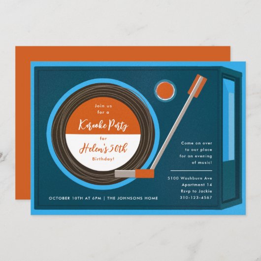 レコードプレーヤーの音楽の誕生日パーティー 招待状 (正面/裏面)