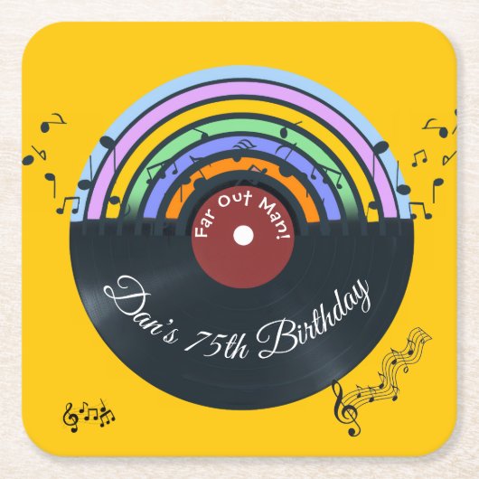 レコード アルバム 音符 虹 スクエアペーパーコースター (正面)