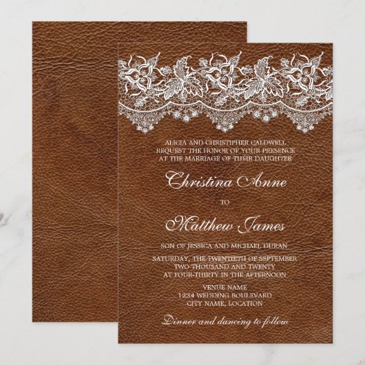 レザーとレースの結婚式のデザイン 招待状 (正面/裏面)