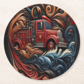 レザーアートの複雑な消防車 ラウンドペーパーコースター (正面)