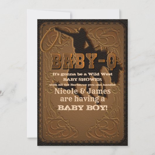 レザーウエスタンワイルドウエストカウボーイベビー-QシャワーBBQ 招待状 (正面)