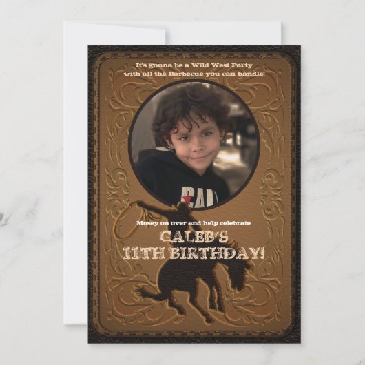 レザーウエスタンワイルドウエストカウボーイ誕生日写真 招待状 (正面)
