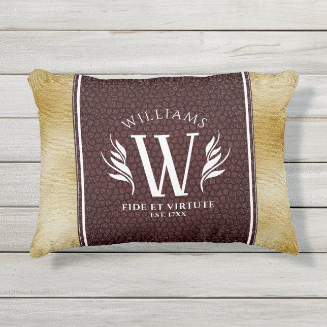 レザーエレガントリーフ&ヴィンテージ紙名字モットー アウトドアクッション (正面)