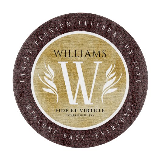 レザーエレガントリーフ&ヴィンテージ紙名字モットー カッティングボード (正面)