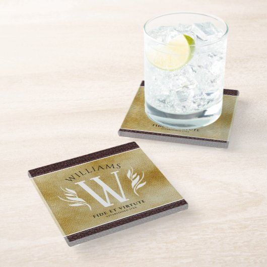 レザーエレガントリーフ&ヴィンテージ紙名字モットー ガラスコースター (アングル)