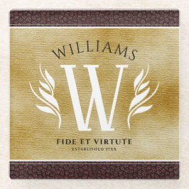 レザーエレガントリーフ&ヴィンテージ紙名字モットー ガラスコースター