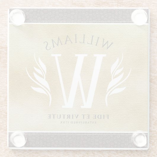 レザーエレガントリーフ&ヴィンテージ紙名字モットー ガラスコースター (裏面)