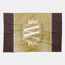 レザーエレガントリーフ&ヴィンテージ紙名字モットー キッチンタオル