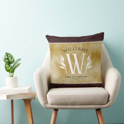 レザーエレガントリーフ&ヴィンテージ紙名字モットー クッション (椅子)