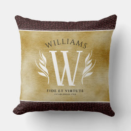 レザーエレガントリーフ&ヴィンテージ紙名字モットー クッション