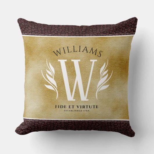 レザーエレガントリーフ&ヴィンテージ紙名字モットー クッション (正面)