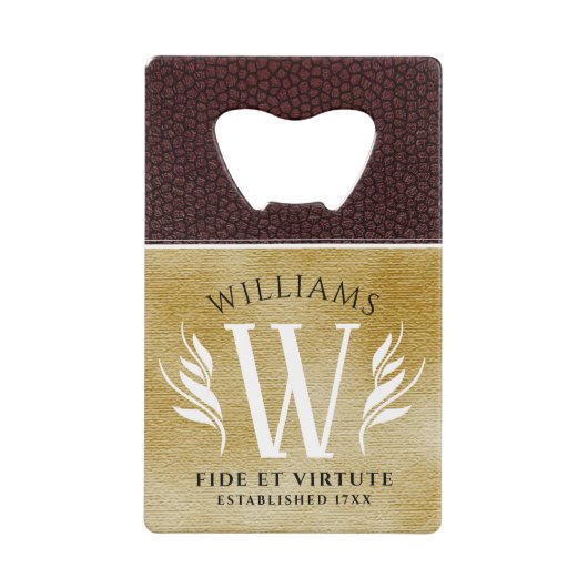 レザーエレガントリーフ&ヴィンテージ紙名字モットー クレジットカード栓抜き (正面)