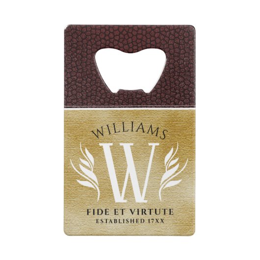 レザーエレガントリーフ&ヴィンテージ紙名字モットー クレジットカード栓抜き (裏面)