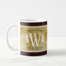 レザーエレガントリーフ&ヴィンテージ紙名字モットー コーヒーマグカップ