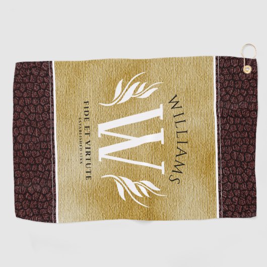 レザーエレガントリーフ&ヴィンテージ紙名字モットー ゴルフタオル (横)