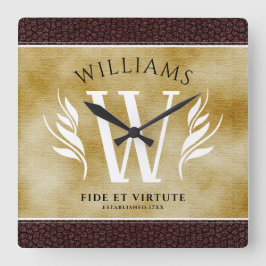 レザーエレガントリーフ&ヴィンテージ紙名字モットー スクエア壁時計