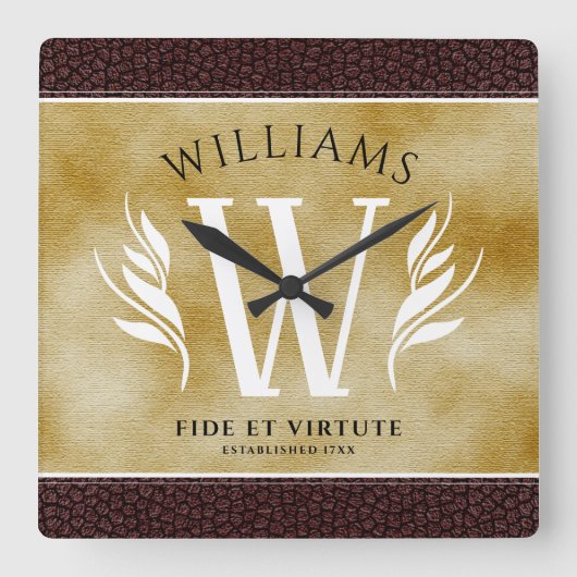 レザーエレガントリーフ&ヴィンテージ紙名字モットー スクエア壁時計 (正面)