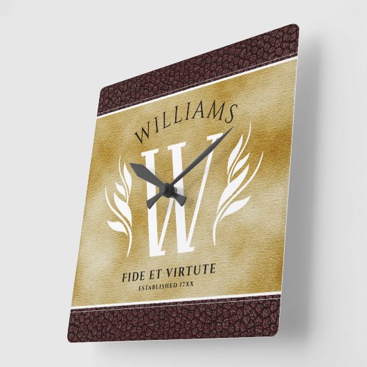 レザーエレガントリーフ&ヴィンテージ紙名字モットー スクエア壁時計 (傾斜)