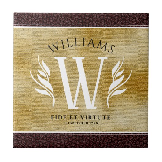 レザーエレガントリーフ&ヴィンテージ紙名字モットー タイル (正面)