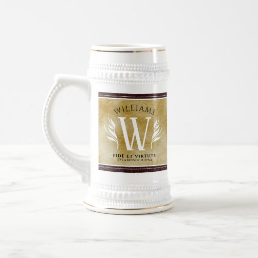 レザーエレガントリーフ&ヴィンテージ紙名字モットー ビールジョッキ (左)