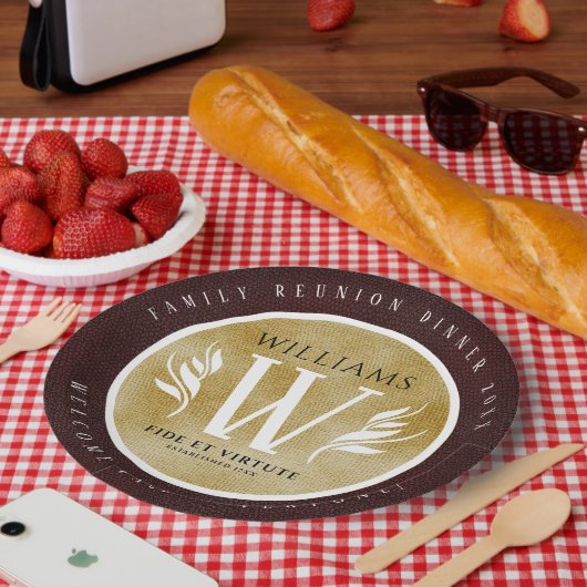 レザーエレガントリーフ&ヴィンテージ紙名字モットー ペーパープレート (ピクニック)