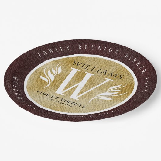 レザーエレガントリーフ&ヴィンテージ紙名字モットー ペーパープレート (アングル)